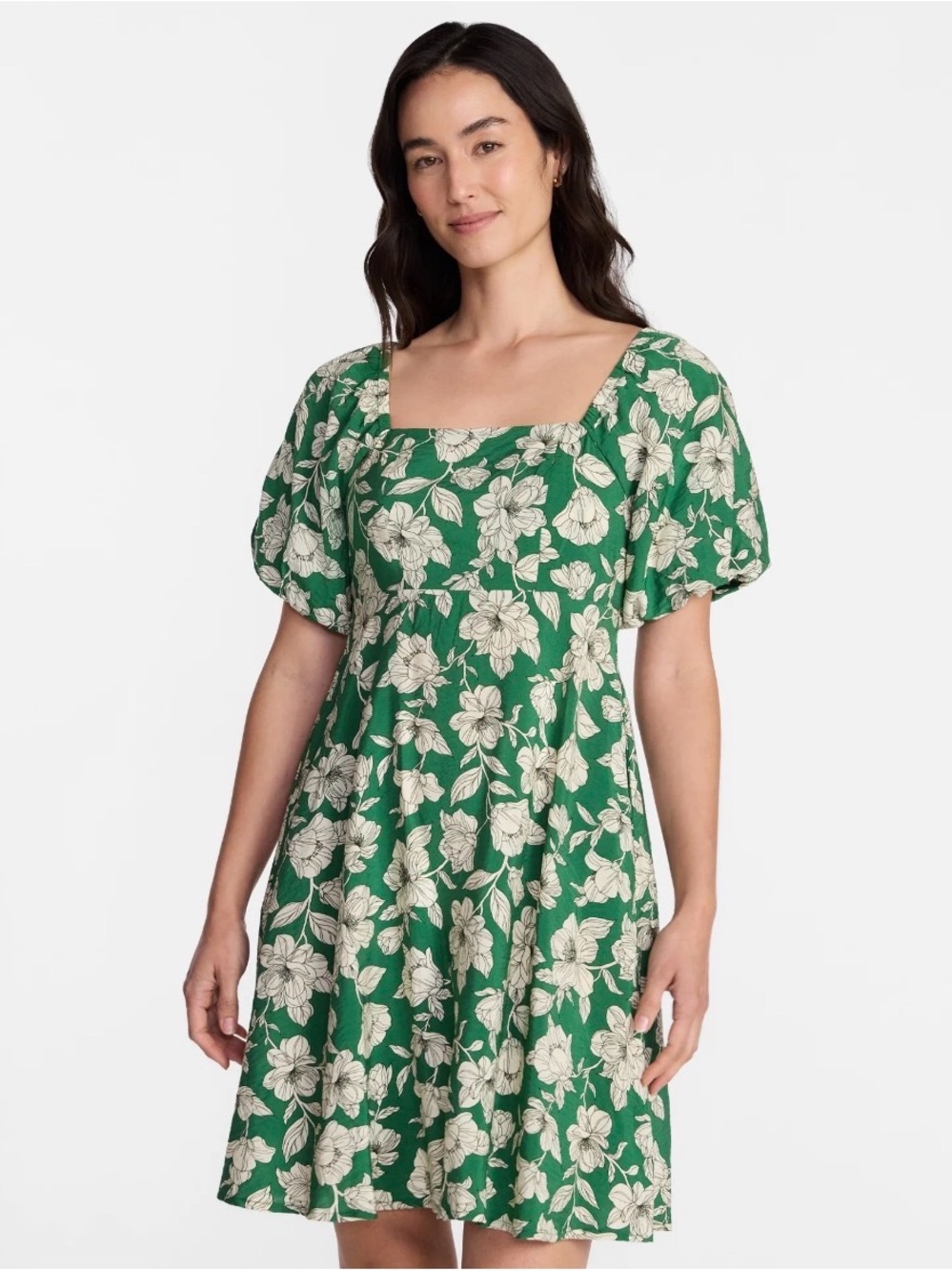 Time and Tru Woman’s Mini Floral Square-Neck Green Puff-Sleeve Dress L